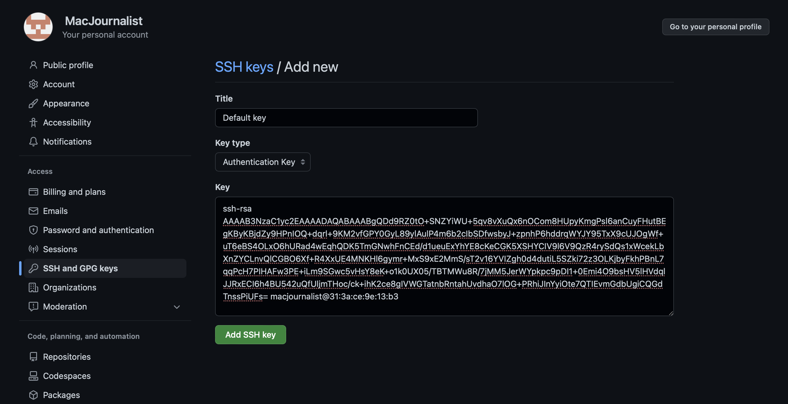Screenshot showing adding a SSH key to GitHub