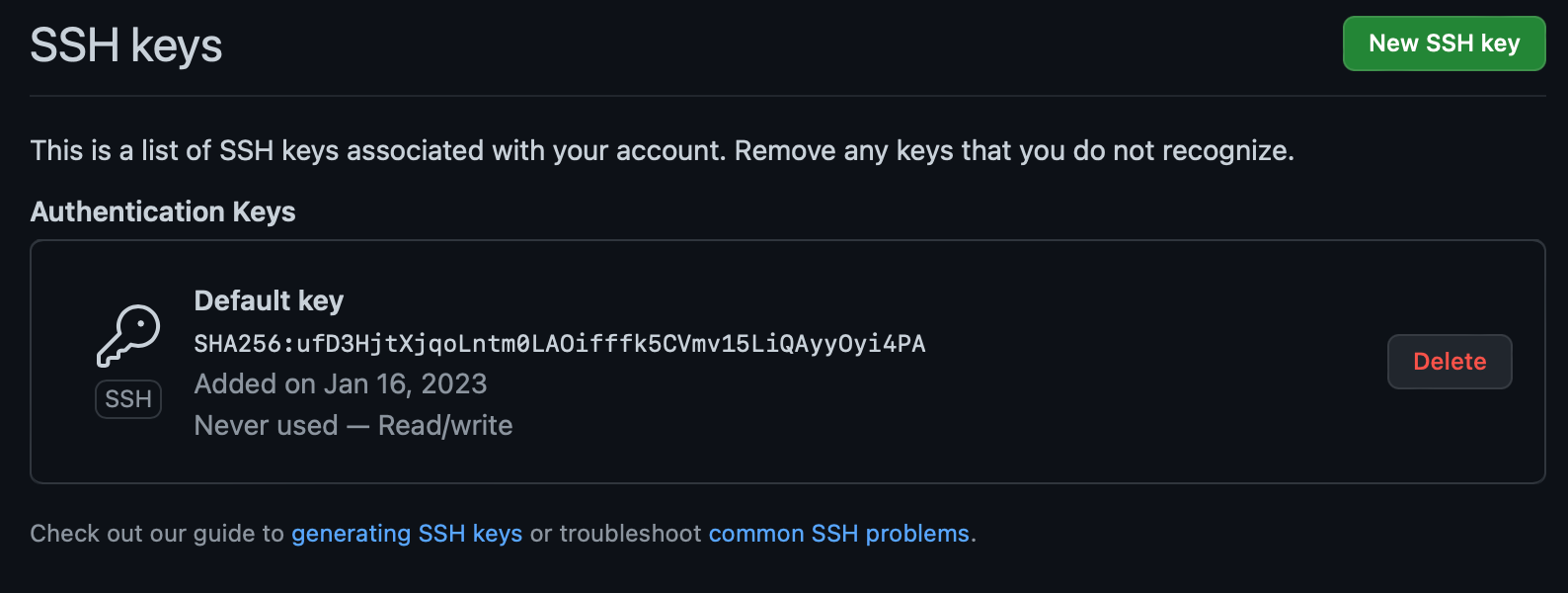 Screenshot showing the GitHub SSH key management where a SSH key is registered
