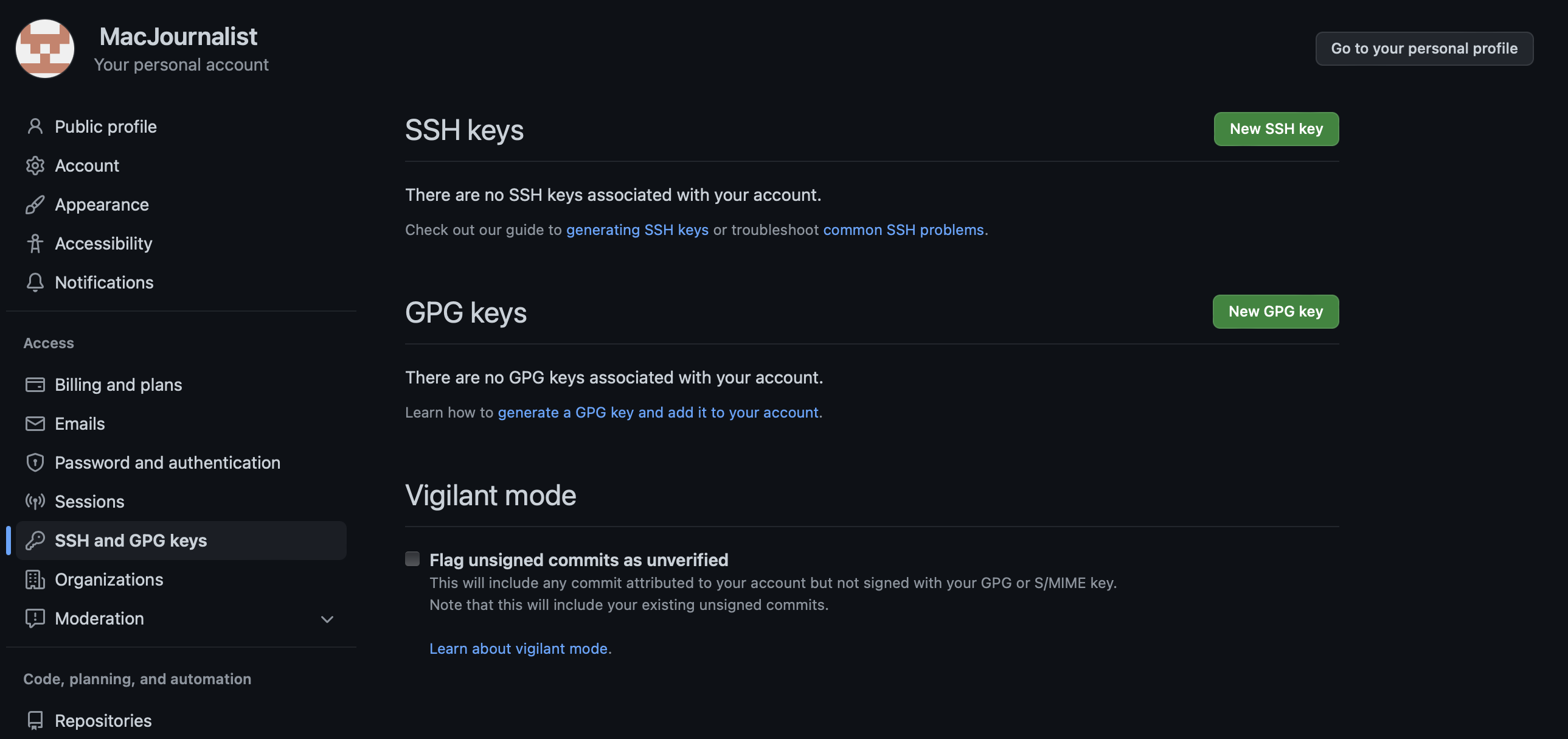 Screenshot showing the GitHub SSH key overview