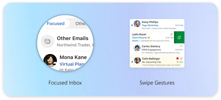 A composited image showing Outlooks focused inbox and swipe gestures