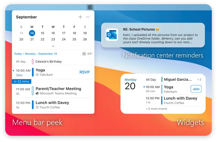 A composited screenshot showing Outlook for Mac featuring widgets, notifications and menu bar integration