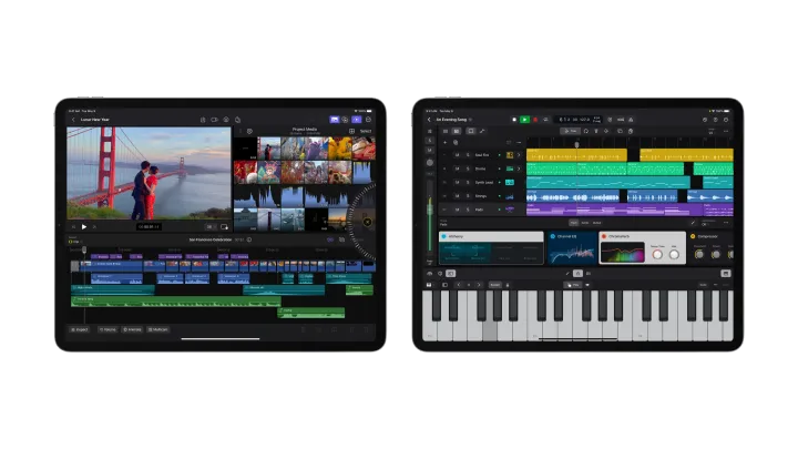 Graphic showing two iPad Pros running Final Cut Pro and Logic Pro