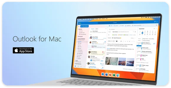 Graphic showing a Mac with the new Microsoft Outlook opened