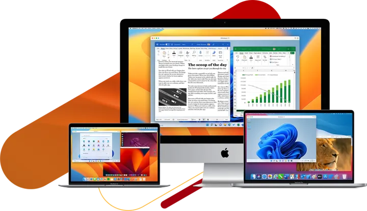 Graphic showing Parallels running on three different Macs